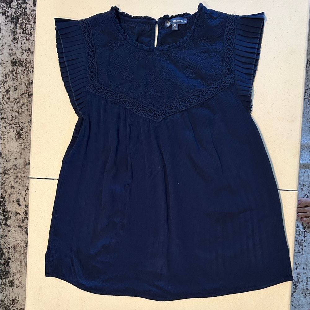 Democracy Navy Blouse with Pleated Sleeves